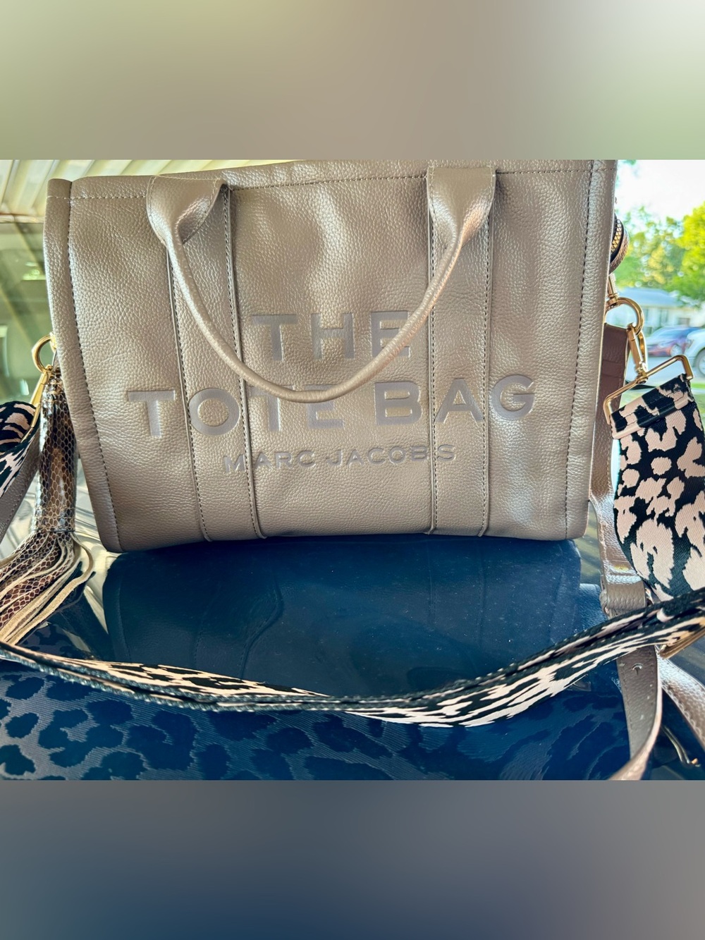 Marc Jacobs Taupe Pebbled Leather Tote with Leopard Strap